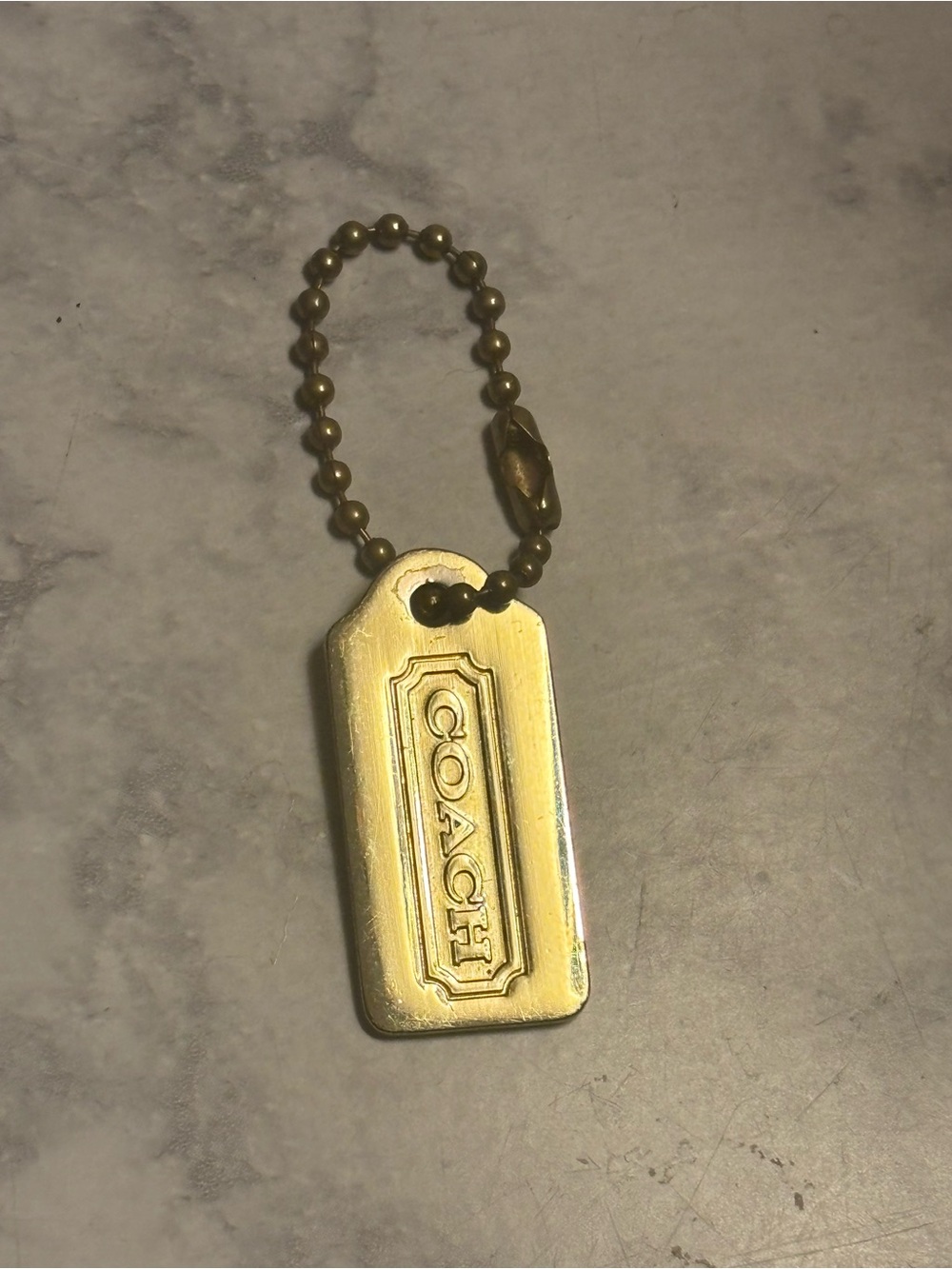 COACH 2008 Bag Tag Brushed Gold Metal Raised Logo on Ball Chain Vintage Charm